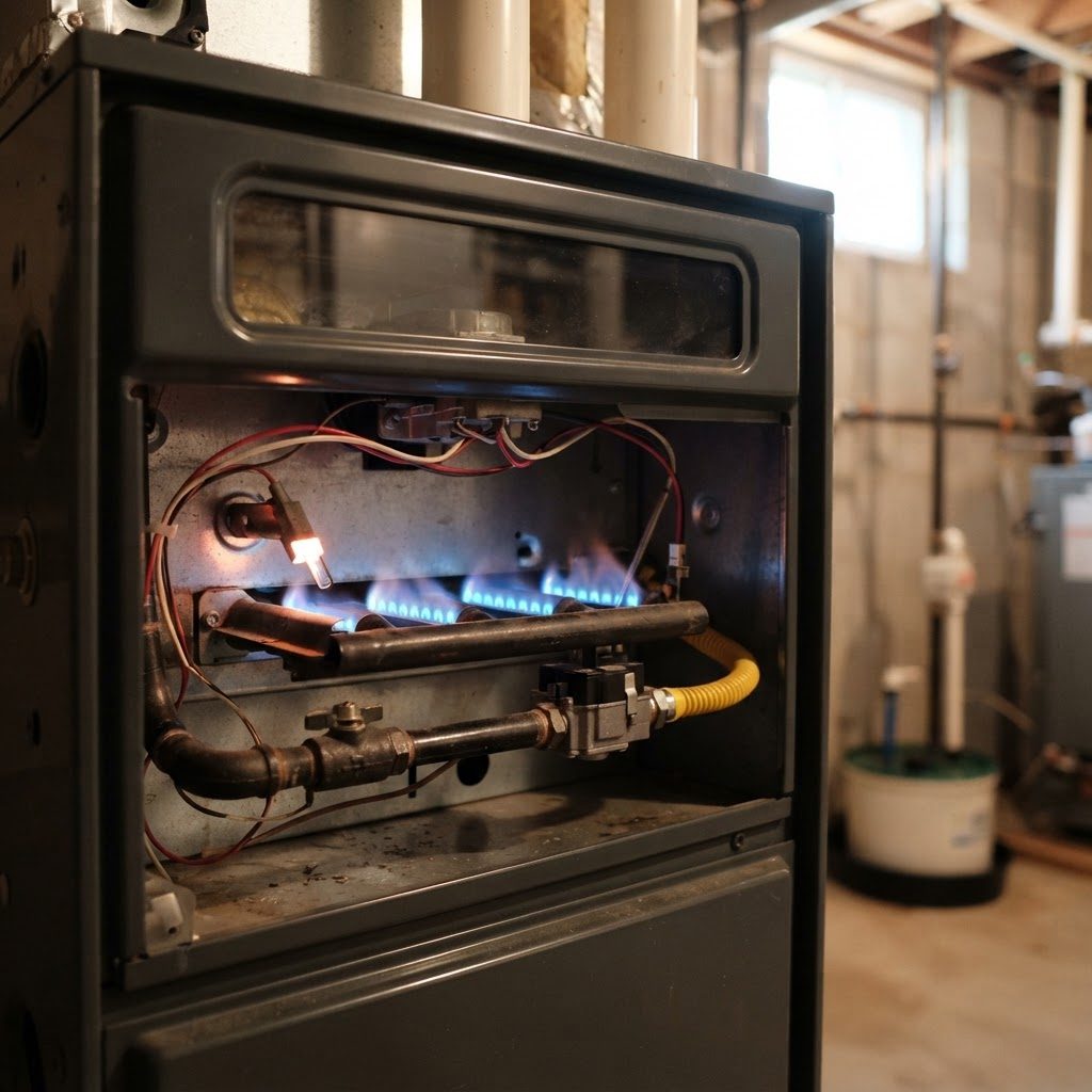 Gas furnace burner flames during a no-heat furnace repair diagnosis in Green Bay