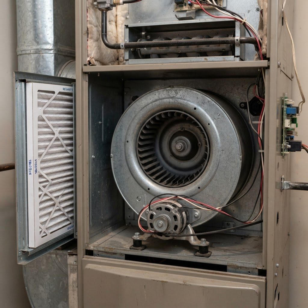 Furnace blower compartment and pleated filter during a fall furnace tune-up